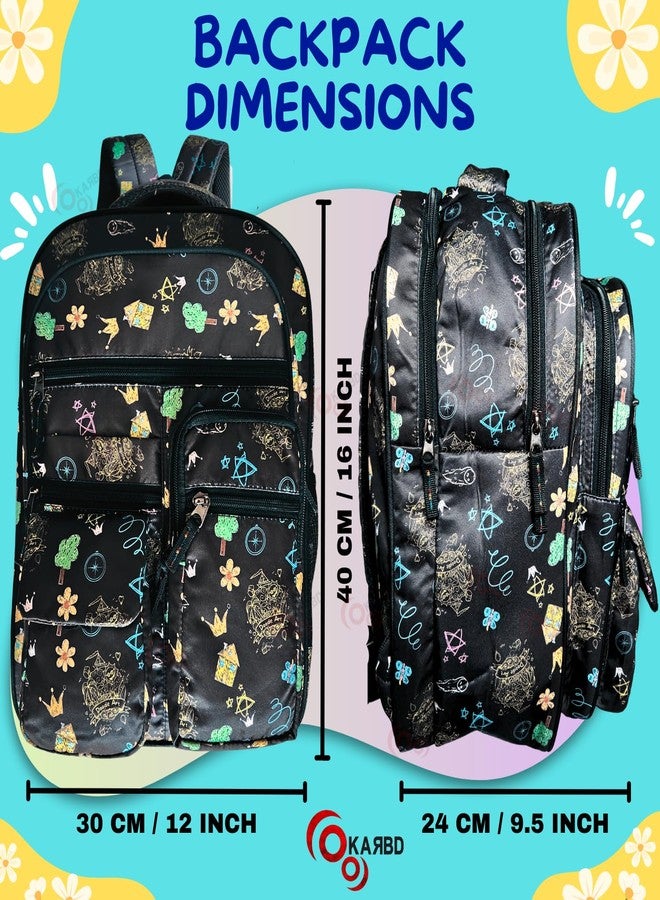 KARBD Backpack School Bag for Boys Girls Kids Tuition Travel Office Bag with Multiple Pockets Compartments Chains Zips Bottle Holder (16 Inches, Doodle Art Black) - Image 3