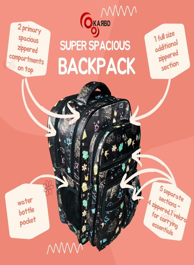 KARBD Backpack School Bag for Boys Girls Kids Tuition Travel Office Bag with Multiple Pockets Compartments Chains Zips Bottle Holder (16 Inches, Doodle Art Black) - Image 2