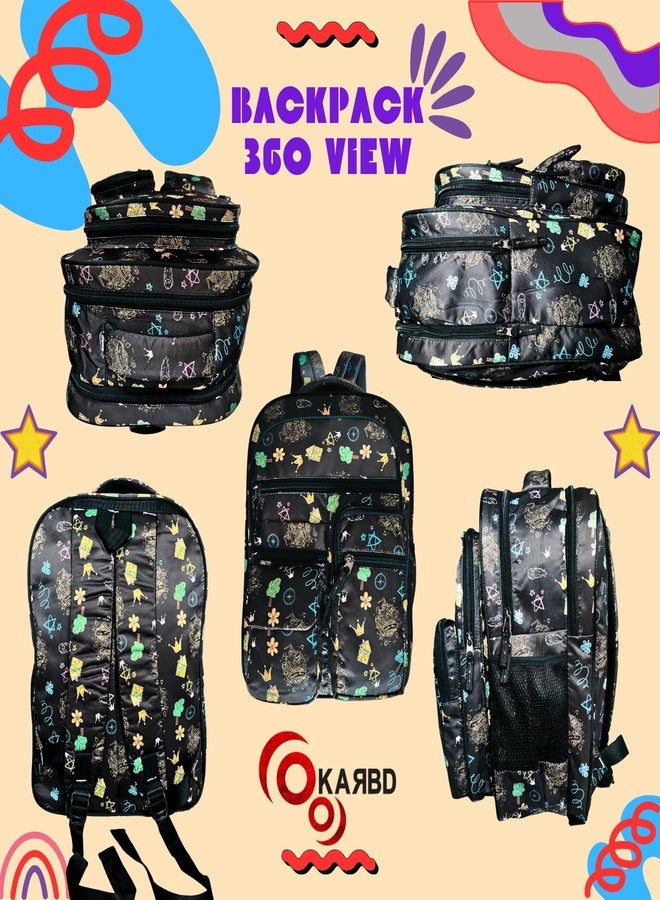 KARBD Backpack School Bag for Boys Girls Kids Tuition Travel Office Bag with Multiple Pockets Compartments Chains Zips Bottle Holder (16 Inches, Doodle Art Black) - Image 5