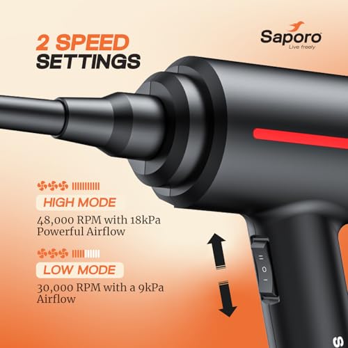 SAPORO Turbo Compressed Air Duster for Cleaning, 500W Electric Air Blower with 48000RPM Copper Motor, 2 Speed Settings, 3 Nozzles, 3m Cord for PC, Keyboard, Electronics & Inflatable Items - Image 5