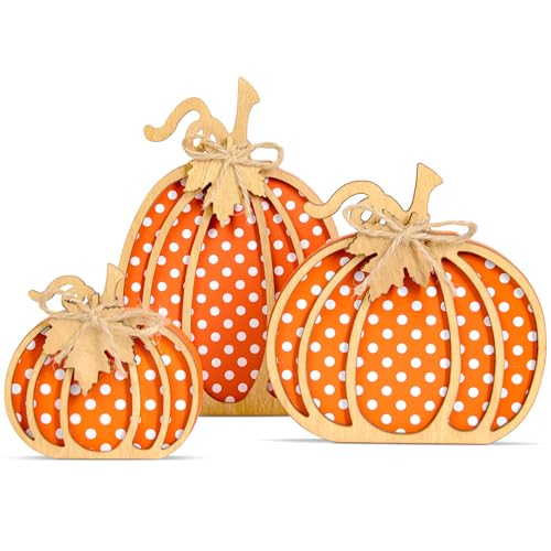 OLANRUN Fall Pumpkin Decor, Thanksgiving Fall Decorations for Home, Wooden Pumpkin Autumn Decor, 3 PCS Handmade Crafts, Thanksgiving Decorations for Indoor, Home Table Tiered Tray Mantel (4-8 Inch) - Image 1