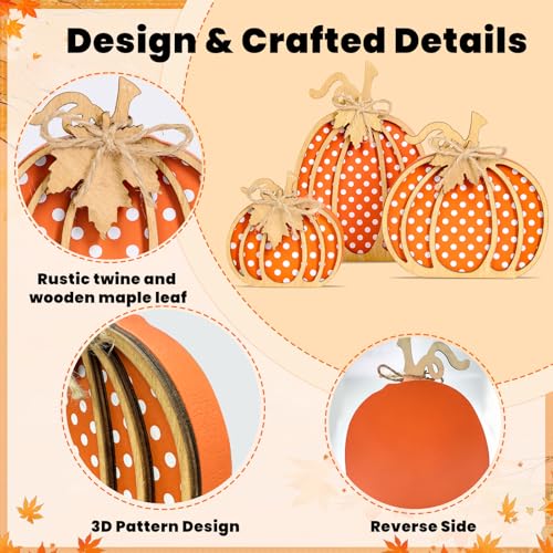 OLANRUN Fall Pumpkin Decor, Thanksgiving Fall Decorations for Home, Wooden Pumpkin Autumn Decor, 3 PCS Handmade Crafts, Thanksgiving Decorations for Indoor, Home Table Tiered Tray Mantel (4-8 Inch) - Image 2