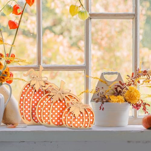 OLANRUN Fall Pumpkin Decor, Thanksgiving Fall Decorations for Home, Wooden Pumpkin Autumn Decor, 3 PCS Handmade Crafts, Thanksgiving Decorations for Indoor, Home Table Tiered Tray Mantel (4-8 Inch) - Image 5