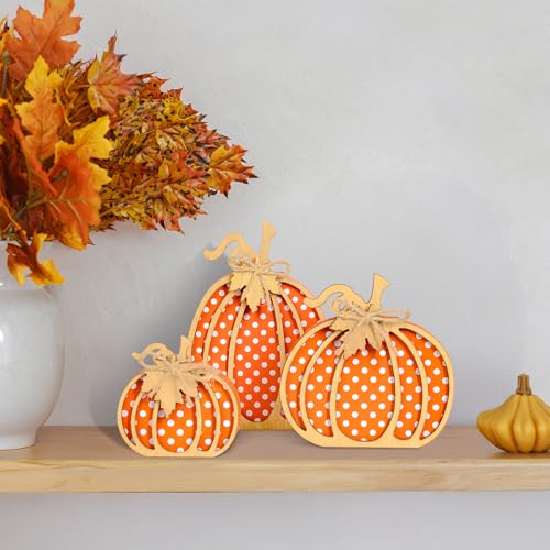 OLANRUN Fall Pumpkin Decor, Thanksgiving Fall Decorations for Home, Wooden Pumpkin Autumn Decor, 3 PCS Handmade Crafts, Thanksgiving Decorations for Indoor, Home Table Tiered Tray Mantel (4-8 Inch) - Image 4