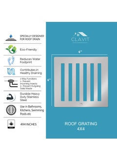 CLAVIT CLAVIT Stainless Steel Drain Strainer 4x4 Chrome Finish Without Frame Jali for VRoof Balcony Pool Area Roof Model Square in Shape 5  - Image 3