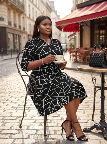 FANDEE Fit Midi Dress for Women - Printing Summer Dresses for Wedding Guest Cocktail Party 3/4 Sleeve V Neck Black L - Image 4