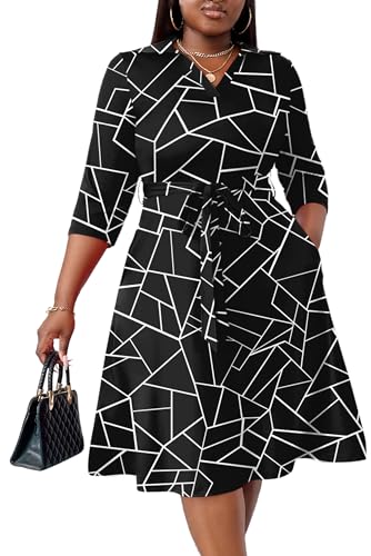 FANDEE Fit Midi Dress for Women - Printing Summer Dresses for Wedding Guest Cocktail Party 3/4 Sleeve V Neck Black L - Image 1