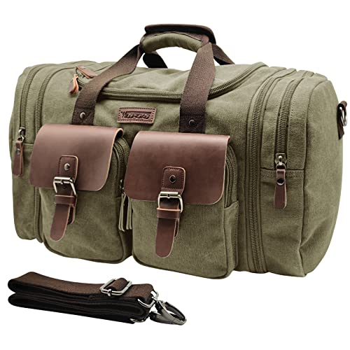 Wildroad 50L Travel Duffel Bag, Expandable Canvas Genuine Leather Duffle Bag Upgraded Overnight Weekender Carry on Bag - Image 1