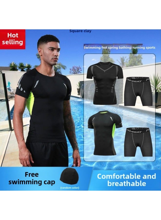 Swimsuit Men's Top Long Sleeve Trunks Swimsuit Suit Women's Swimsuit Swimsuit Quick-Dry Surfing Snorkeling Suit-Color:(send Swimming Cap) 010 Black Shorts-Size:Xl (reference: 65-75kg )
