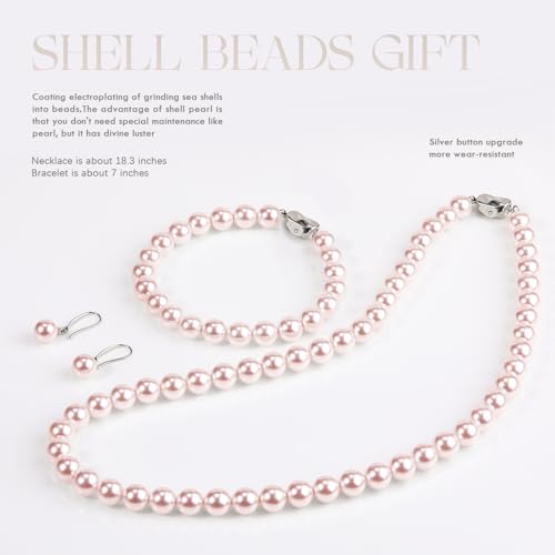 AOOVOO Pink Pearl Necklace Set for Women, 8mm Round Shell Pearl Includes Stunning Bracelet and Dangle Earrings 3 Piece Jewelry, Birthday Wedding Gifts for Her - Image 2