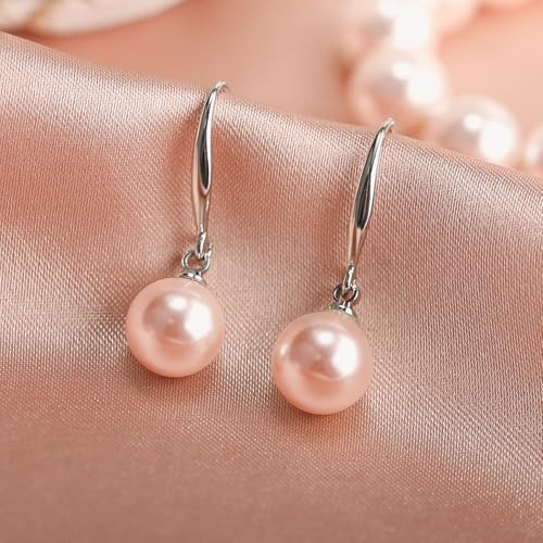AOOVOO Pink Pearl Necklace Set for Women, 8mm Round Shell Pearl Includes Stunning Bracelet and Dangle Earrings 3 Piece Jewelry, Birthday Wedding Gifts for Her - Image 5