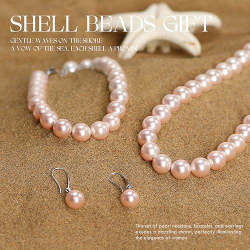AOOVOO Pink Pearl Necklace Set for Women, 8mm Round Shell Pearl Includes Stunning Bracelet and Dangle Earrings 3 Piece Jewelry, Birthday Wedding Gifts for Her - Image 3