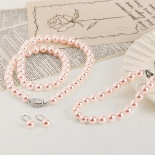 AOOVOO Pink Pearl Necklace Set for Women, 8mm Round Shell Pearl Includes Stunning Bracelet and Dangle Earrings 3 Piece Jewelry, Birthday Wedding Gifts for Her - Image 4