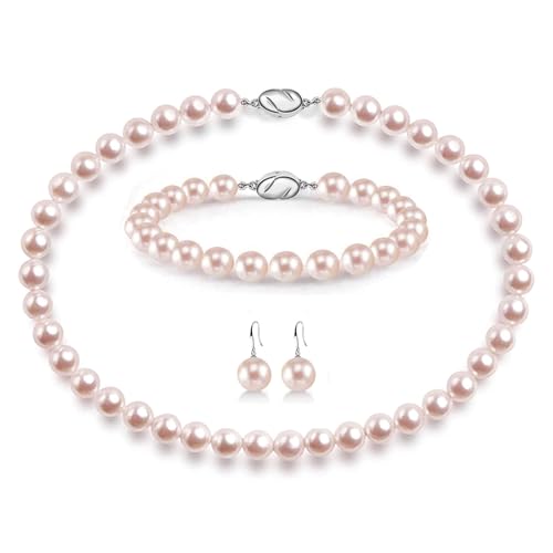 AOOVOO Pink Pearl Necklace Set for Women, 8mm Round Shell Pearl Includes Stunning Bracelet and Dangle Earrings 3 Piece Jewelry, Birthday Wedding Gifts for Her - Image 1