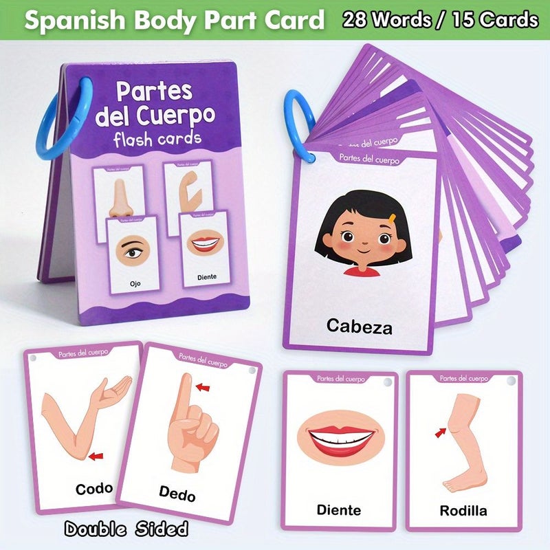 Spanish Body Parts Flash Cards for Kids 28 Words Learning Cards Bilingual English Spanish Vocabulary Builder Educational Games For Preschool Kindergarten Back To School Language Learning Tool Durable Paper Material Fun Illustrations - Image 1
