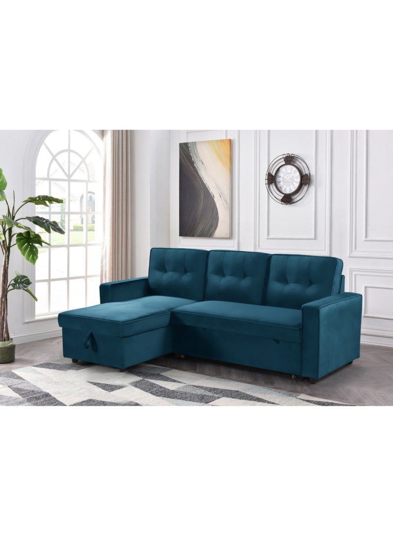 SILA 3 Seater Diwan Sofa Bed With Cushions L-Shaped Storage Space Convertible Living Room Furniture - Blue  - Image 1