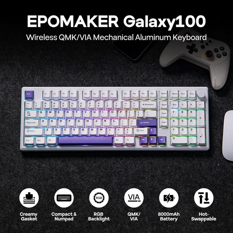 EPOMAKER Galaxy100 QMK/VIA Wireless Mechanical Keyboard with 8000mAh Battery and Numpad, CNC Aluminum, Full Size Gaming Keyboard, USB-C/BT5.0/2.4Ghz (White Purple, Marble White Switch) - Image 2