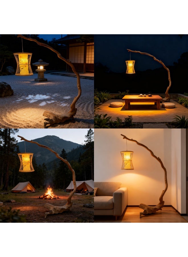 Natural Wooden Floor Lamp Stand with Hanging Bamboo Lantern – Rustic Home Decor Light Handmade Driftwood Lighting Modern Boho Floor Lamp for Living Room & Bedroom (160cm Height) - Image 2