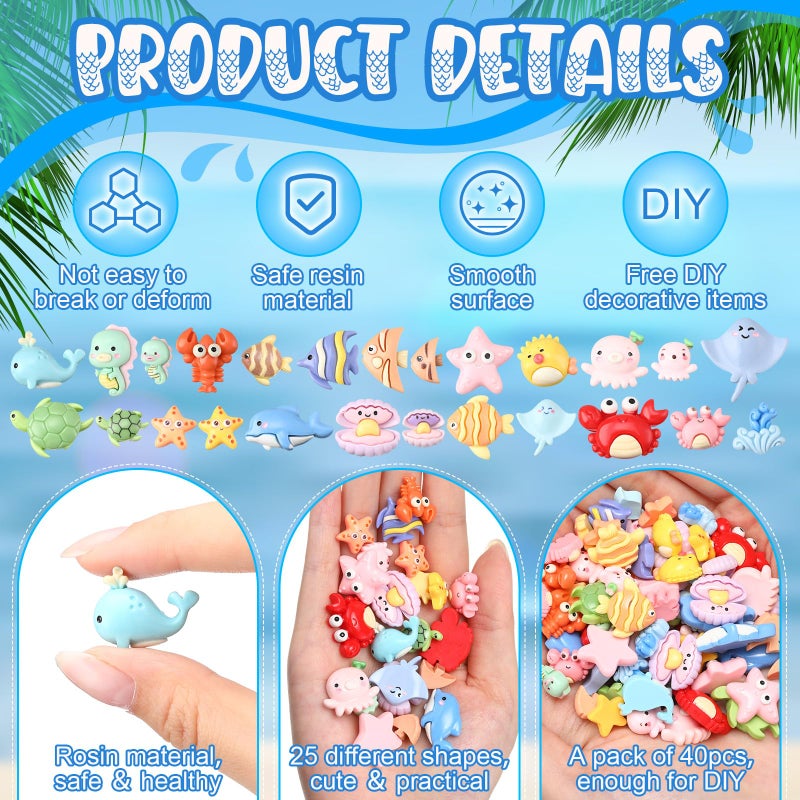 Giegxin 40 Pcs Summer Resin Charms Sea Animals Crab Dolphin Shell Starfish Flatback Cabochon Accessories Cute Embellishments Bulk for Jewelry Cellphone Case Scrapbooking Headband DIY Craft Making - Image 3