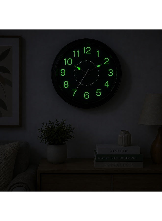 Glow In The Dark Round Wall Clock, Black Color, 37 X 37 Cm, Luminous Numbers & Hands, Plastic With Front Glass - Image 3