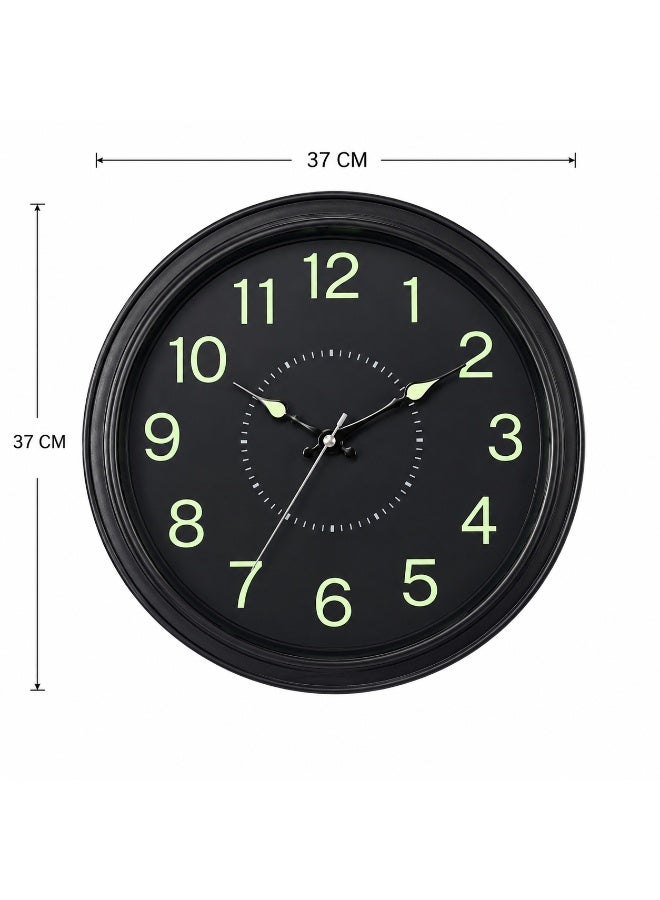 Glow In The Dark Round Wall Clock, Black Color, 37 X 37 Cm, Luminous Numbers & Hands, Plastic With Front Glass - Image 1
