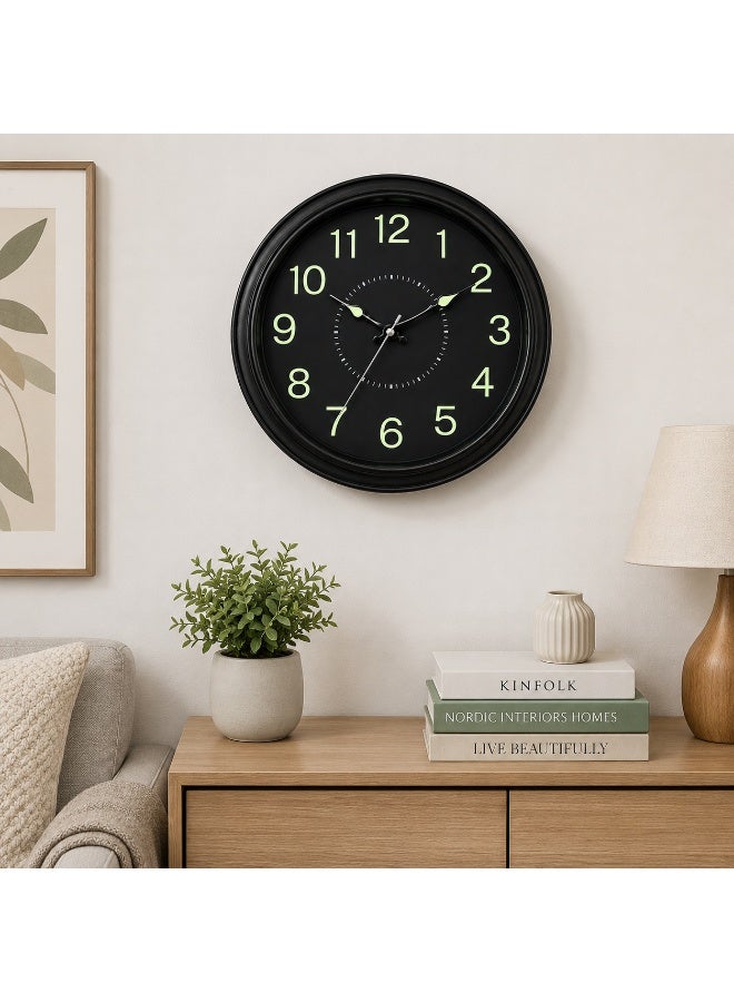 Glow In The Dark Round Wall Clock, Black Color, 37 X 37 Cm, Luminous Numbers & Hands, Plastic With Front Glass - Image 2