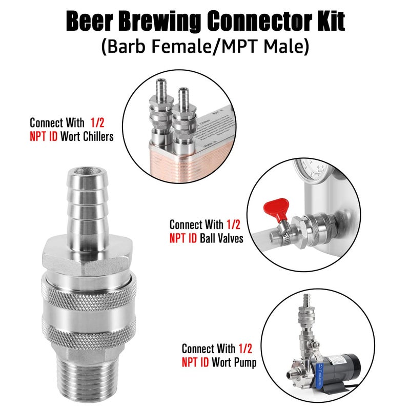Ferroday 2 Pair Stainless Steel Quick Disconnect Set with 1/2 MPT Male Thread Quick Disconnect, 1/2" Barb Female Brewing Quick Disconnect for 1/2 NPT Female Wort Pump, Wort Chiller, Ball Valve Fitting - Image 3