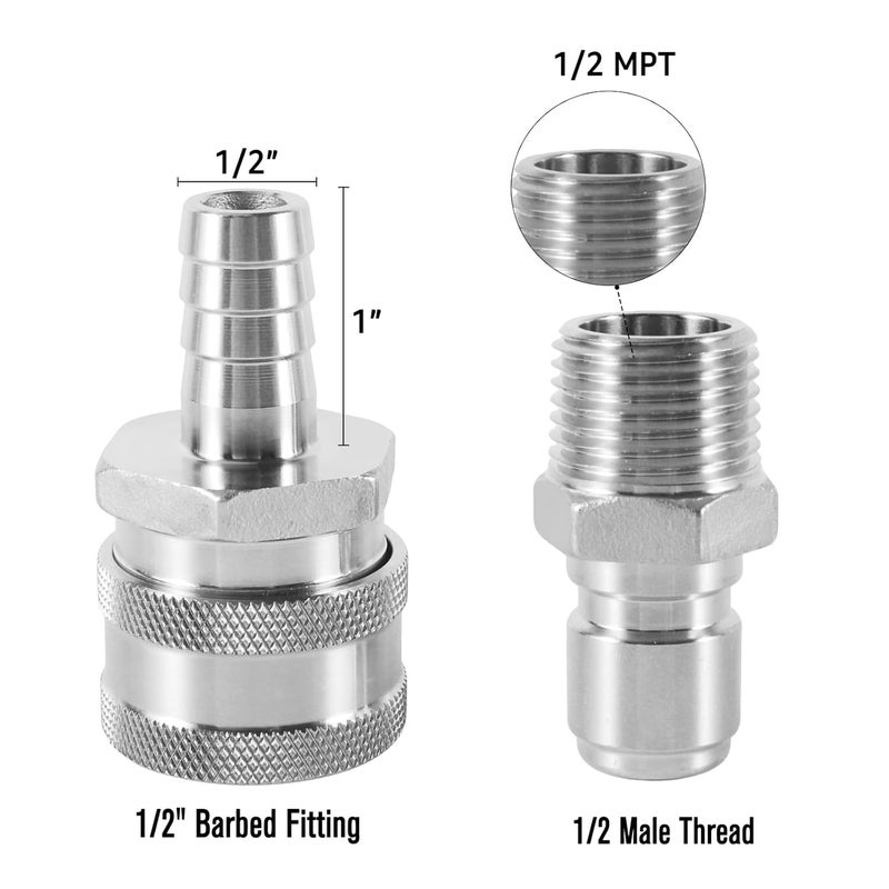 Ferroday 2 Pair Stainless Steel Quick Disconnect Set with 1/2 MPT Male Thread Quick Disconnect, 1/2" Barb Female Brewing Quick Disconnect for 1/2 NPT Female Wort Pump, Wort Chiller, Ball Valve Fitting - Image 2