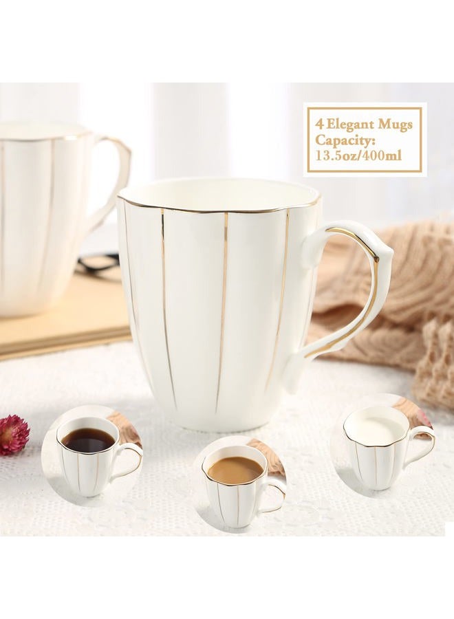 DUJUST Coffee Mug Set of 4(13.5oz), Luxury British Design with Handcrafted Golden Trims, 1st-Class Bone-china White and Gold Cup Set for Coffee, Tea&Milk, Beautiful&Graceful Top Fine Porcelain Cups - Image 5
