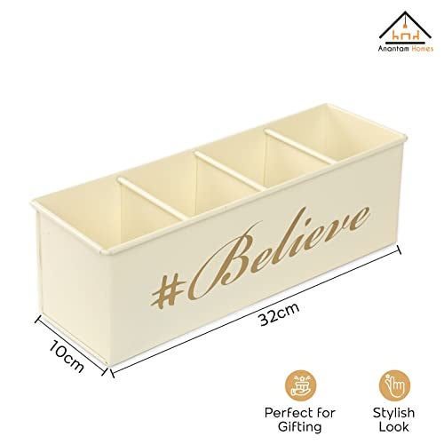 anantam homes 4 Compartment Believe Desk Organizer Pen Pencil Storage Box For Office, School, Home Stationery, Study Table Organizer & Art Supplies Accessories With Four Slots, Metal (Ivory) - Image 3