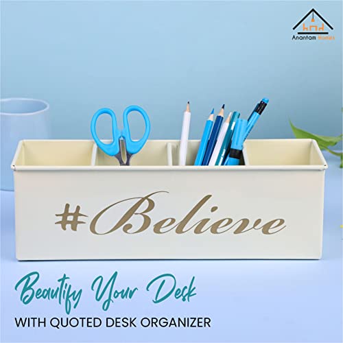 anantam homes 4 Compartment Believe Desk Organizer Pen Pencil Storage Box For Office, School, Home Stationery, Study Table Organizer & Art Supplies Accessories With Four Slots, Metal (Ivory) - Image 2