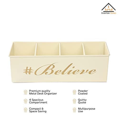 anantam homes 4 Compartment Believe Desk Organizer Pen Pencil Storage Box For Office, School, Home Stationery, Study Table Organizer & Art Supplies Accessories With Four Slots, Metal (Ivory) - Image 4