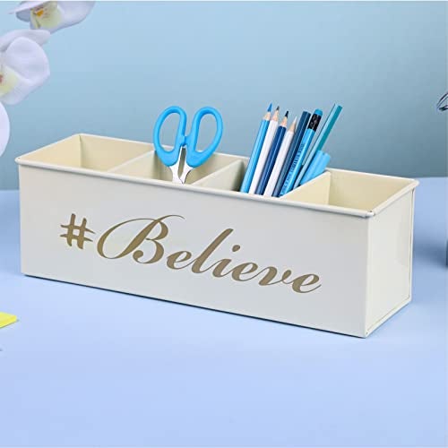 anantam homes 4 Compartment Believe Desk Organizer Pen Pencil Storage Box For Office, School, Home Stationery, Study Table Organizer & Art Supplies Accessories With Four Slots, Metal (Ivory) - Image 1