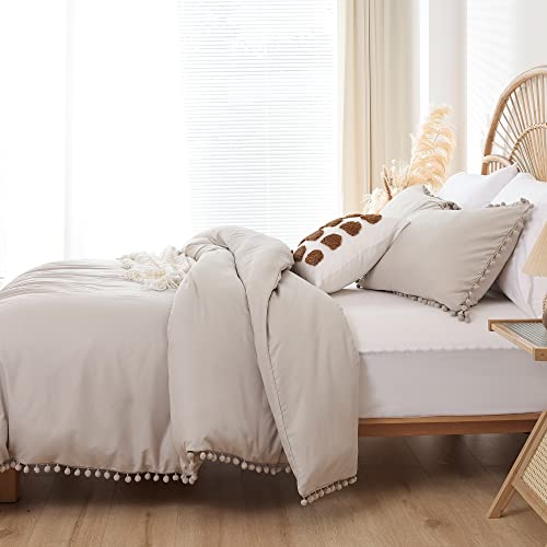 YIRDDEO Full Size Comforter Sets - Full Size Comforter with Ball Pom Fringe, Soft Bedding Set for All Seasons - 3 Pieces, 1 Comforter (79"x90") & 2 Pillow Shams(20"x26"), Oatmeal - Image 3