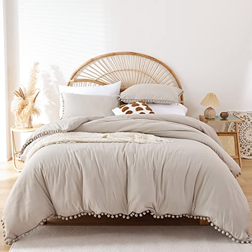 YIRDDEO Full Size Comforter Sets - Full Size Comforter with Ball Pom Fringe, Soft Bedding Set for All Seasons - 3 Pieces, 1 Comforter (79"x90") & 2 Pillow Shams(20"x26"), Oatmeal - Image 2