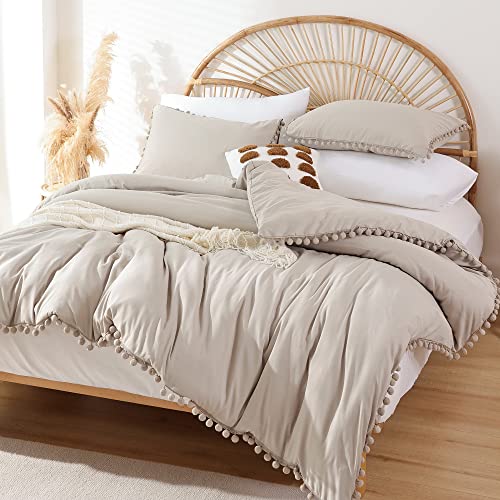 YIRDDEO Full Size Comforter Sets - Full Size Comforter with Ball Pom Fringe, Soft Bedding Set for All Seasons - 3 Pieces, 1 Comforter (79"x90") & 2 Pillow Shams(20"x26"), Oatmeal - Image 1