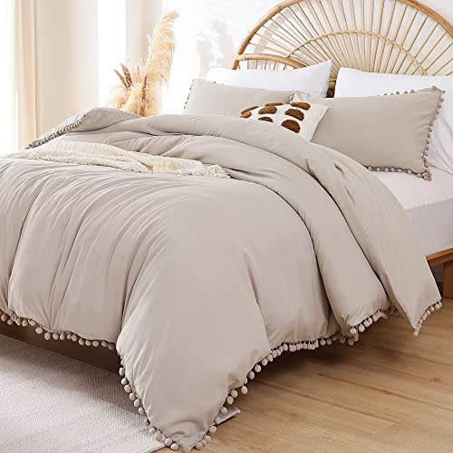 YIRDDEO Full Size Comforter Sets - Full Size Comforter with Ball Pom Fringe, Soft Bedding Set for All Seasons - 3 Pieces, 1 Comforter (79"x90") & 2 Pillow Shams(20"x26"), Oatmeal - Image 5