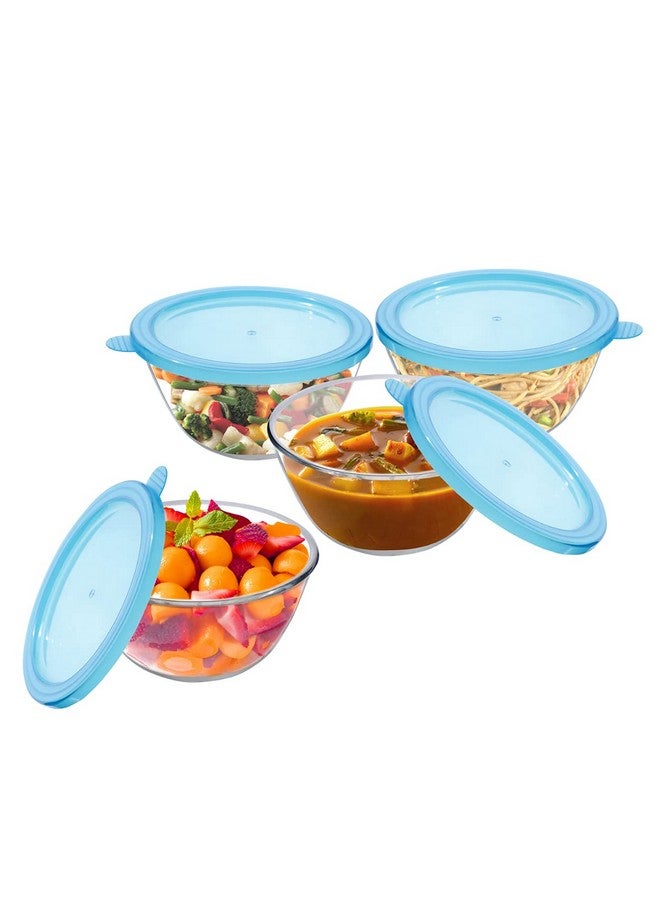SIMPARTE Borosilicate Mixing/Serving Round Glass Bowl with Lid Freezer Proof, Leak Proof for Kitchen & Dining, Serving, Microwave Safe Bowl, Dishwasher Safe, Set of 4 (800ml), Blue - Image 1