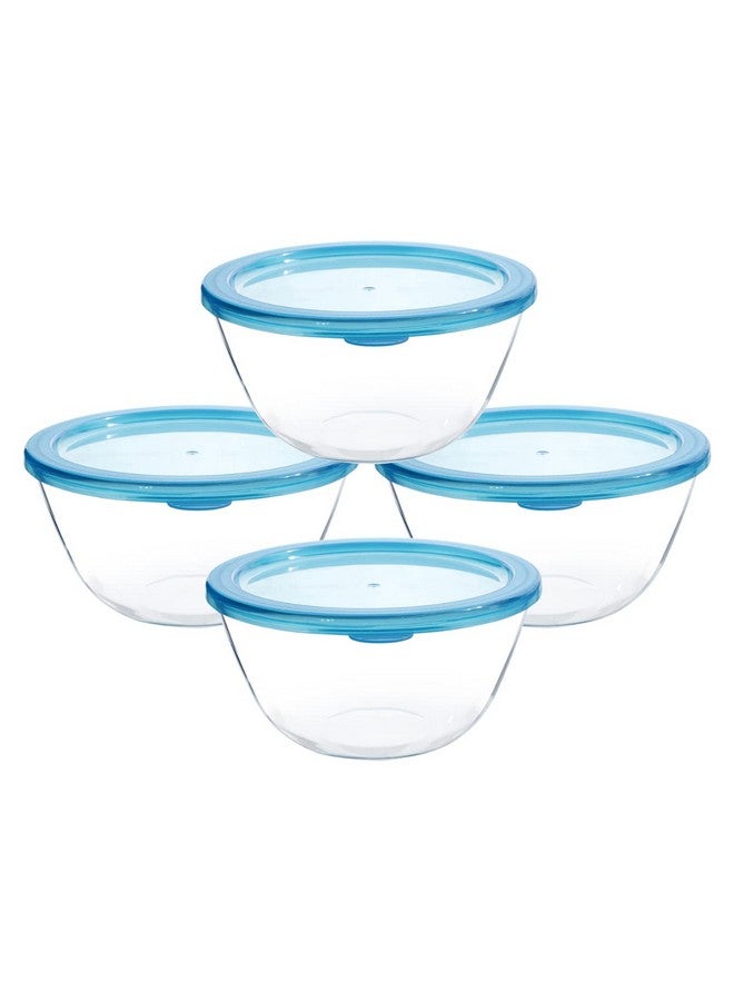 SIMPARTE Borosilicate Mixing/Serving Round Glass Bowl with Lid Freezer Proof, Leak Proof for Kitchen & Dining, Serving, Microwave Safe Bowl, Dishwasher Safe, Set of 4 (800ml), Blue - Image 2