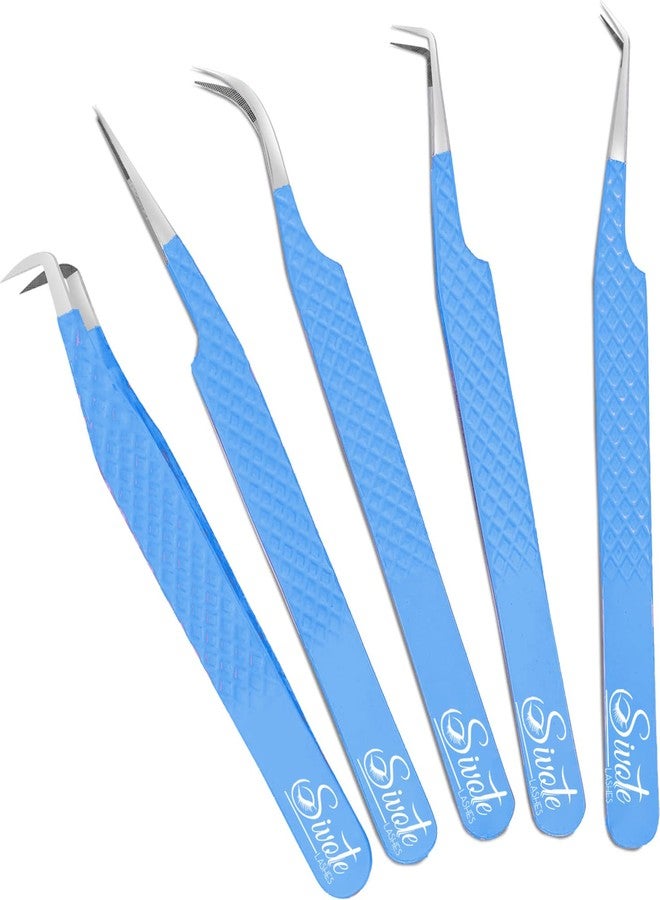 SIVOTE Lash Tweezers for Eyelash Extensions, Pack of 5 Blue - Lash Extension Tweezers Set with Diamond Grip, Precision Fiber Tip for Volume Tweezers Eyelash Extensions - Image 1