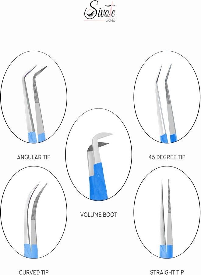 SIVOTE Lash Tweezers for Eyelash Extensions, Pack of 5 Blue - Lash Extension Tweezers Set with Diamond Grip, Precision Fiber Tip for Volume Tweezers Eyelash Extensions - Image 4