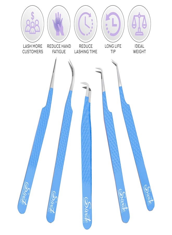 SIVOTE Lash Tweezers for Eyelash Extensions, Pack of 5 Blue - Lash Extension Tweezers Set with Diamond Grip, Precision Fiber Tip for Volume Tweezers Eyelash Extensions - Image 5