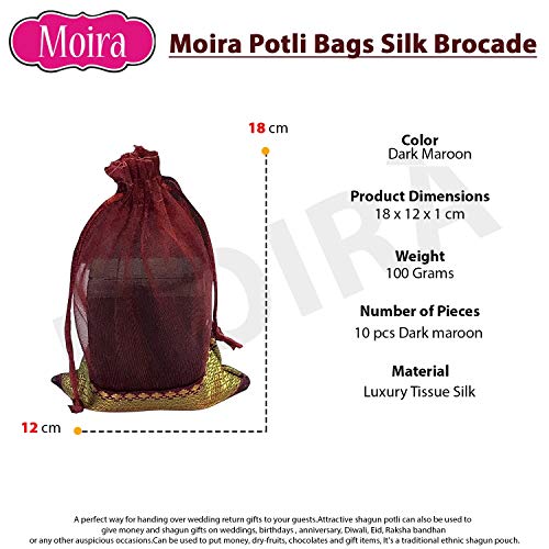 Moira Women's Small Potli Gift Bags Silk Brocade (18 cm X 12 cm) Pack of 10 (Dark Maroon) - Image 3