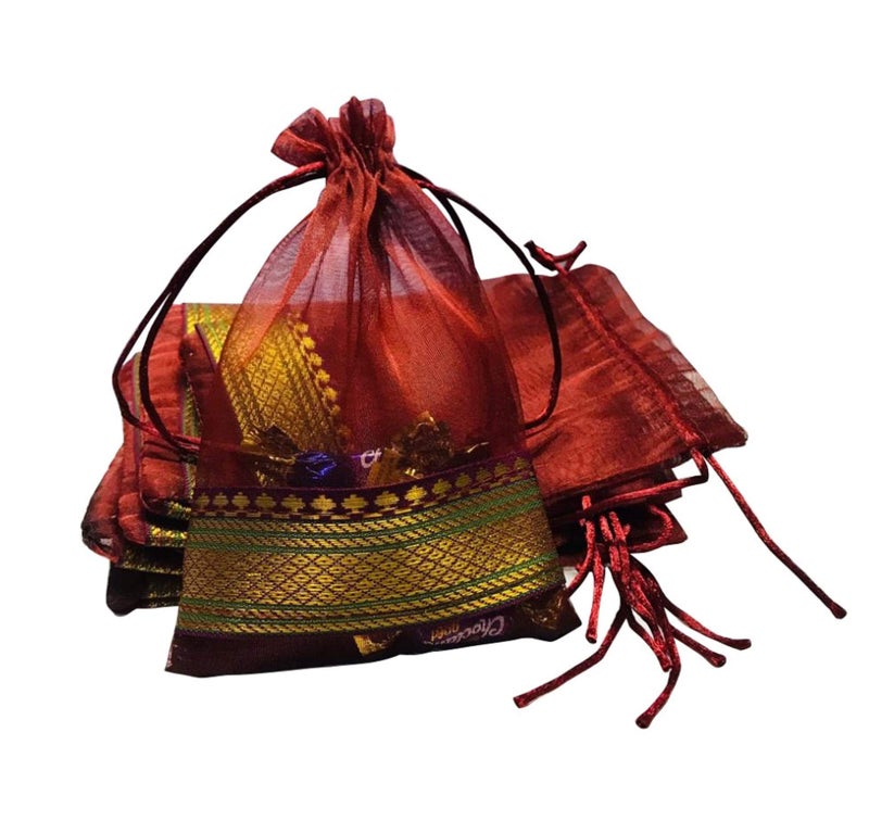 Moira Women's Small Potli Gift Bags Silk Brocade (18 cm X 12 cm) Pack of 10 (Dark Maroon) - Image 4