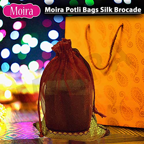 Moira Women's Small Potli Gift Bags Silk Brocade (18 cm X 12 cm) Pack of 10 (Dark Maroon) - Image 5