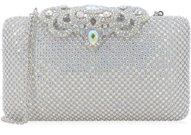 DEXMAY DM Dexmay Crystal Rhinestone Clutch Bag Diamond Crown Clasp Evening Bag Bling Party Purse Iridescent Silver Medium - Image 1