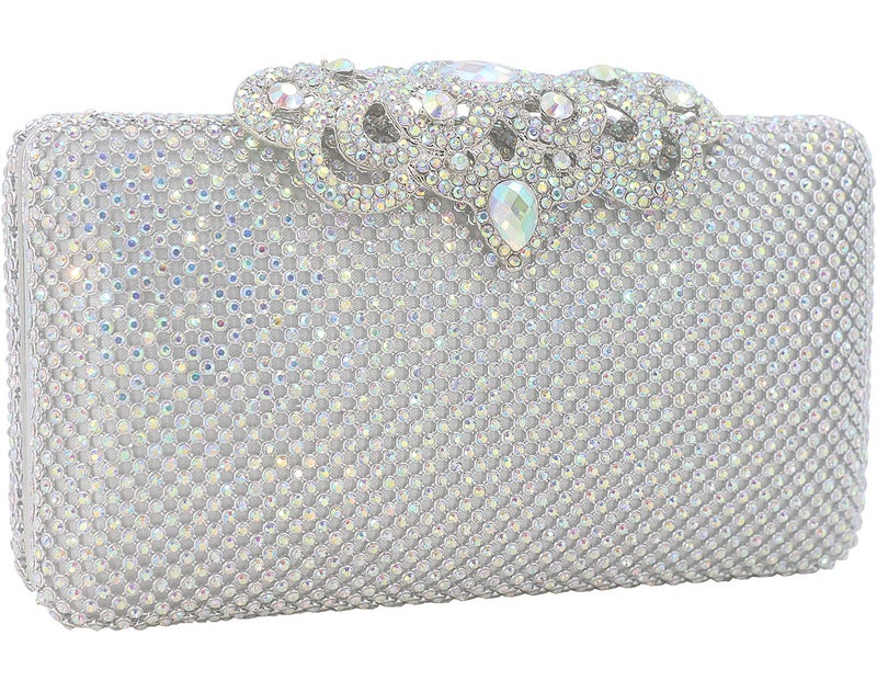 DEXMAY DM Dexmay Crystal Rhinestone Clutch Bag Diamond Crown Clasp Evening Bag Bling Party Purse Iridescent Silver Medium - Image 3