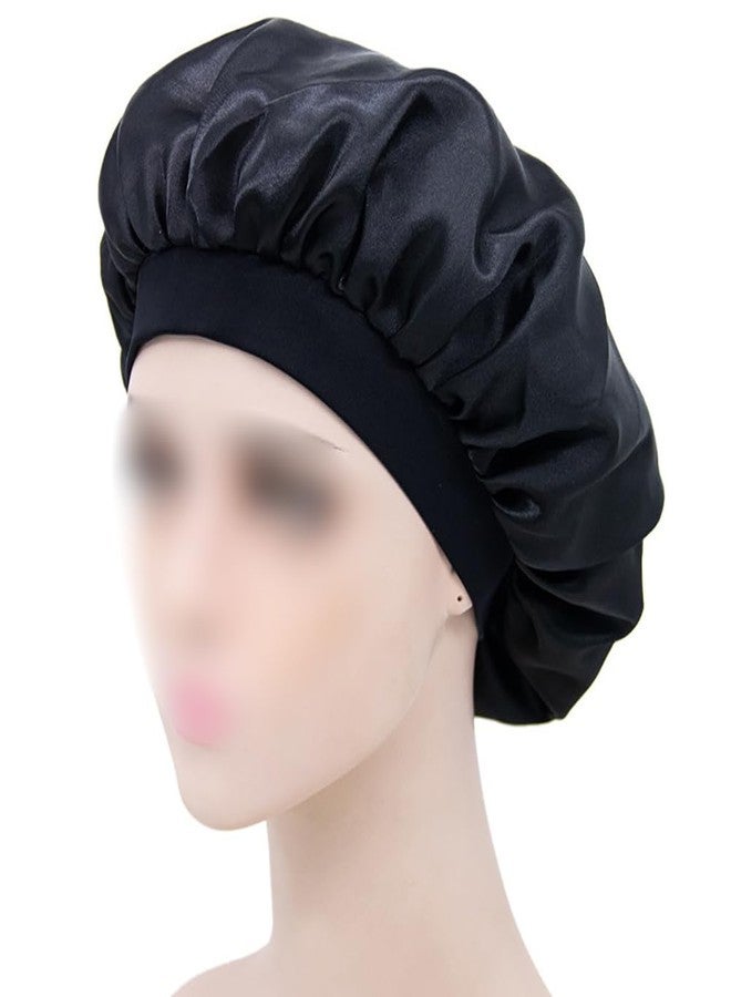 GSHLLO 2 Pcs Silky Sleeping Hat Satin Lined Sleep Bonnet Adjustable Night Sleep Cap Wide Brim Hair Bonnet Hair Protector Cap Elastic Band Sleeping Bonnet for Kids Women Black - Image 2