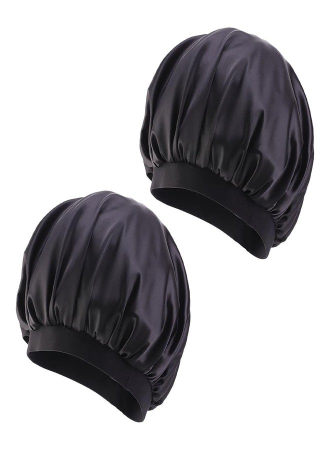 GSHLLO 2 Pcs Silky Sleeping Hat Satin Lined Sleep Bonnet Adjustable Night Sleep Cap Wide Brim Hair Bonnet Hair Protector Cap Elastic Band Sleeping Bonnet for Kids Women Black - Image 1