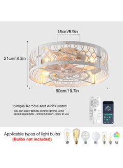 Ganeed Caged Ceiling Fan with Light,20" Flush Mount Ceiling Fan with Remote,Bladeless Fandelier Ceiling Fans with Lights,Farmhouse Low Profile Ceiling Fan for Bedroom,Dining Room,White Gold Color  - Image 4